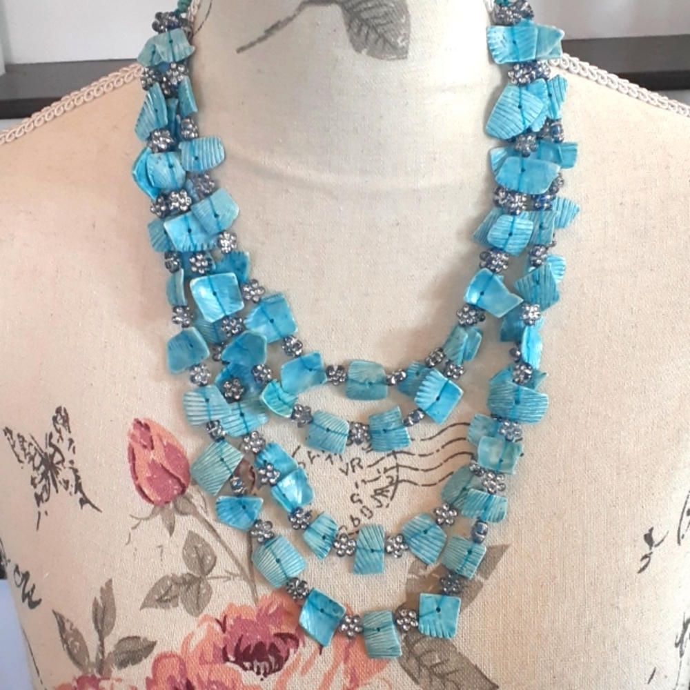 ^ Vintage four strand blue shell and crystal Statement Necklace